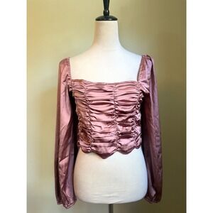 Boho fairy cottage whimsi Ruched Long Sleeve Crop‎ Top large Blouse Mauve Pink L